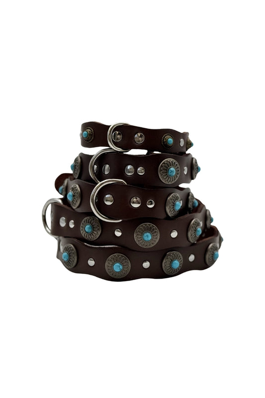 Collar Terra de cuero y tachuelas turquesa para perro
